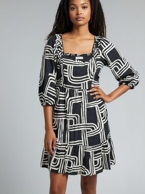 Nine West Black and White Geometric Square-Neck Mini Dress